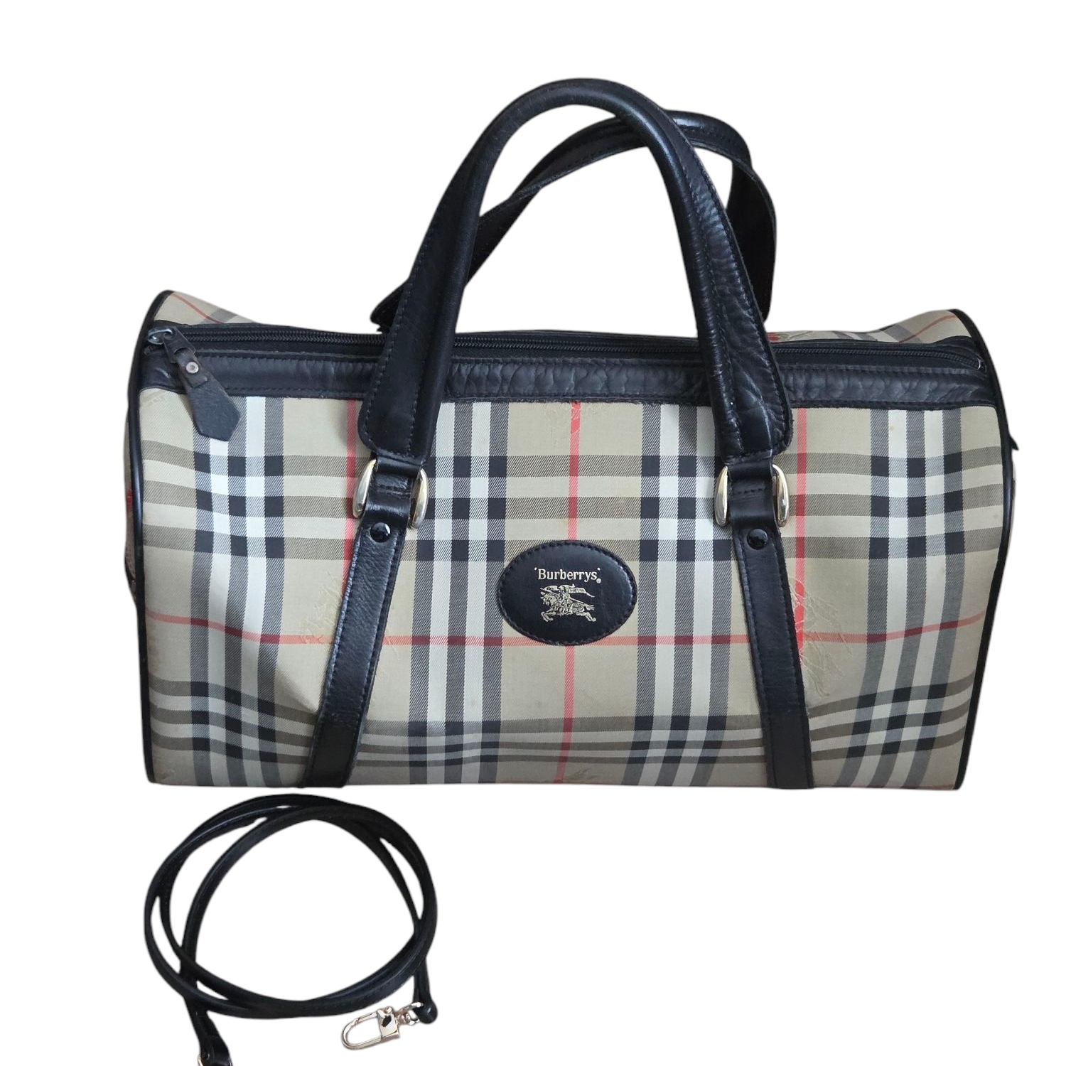 Burberry Black And Tan Duffel Bag With Iconic Check Pattern